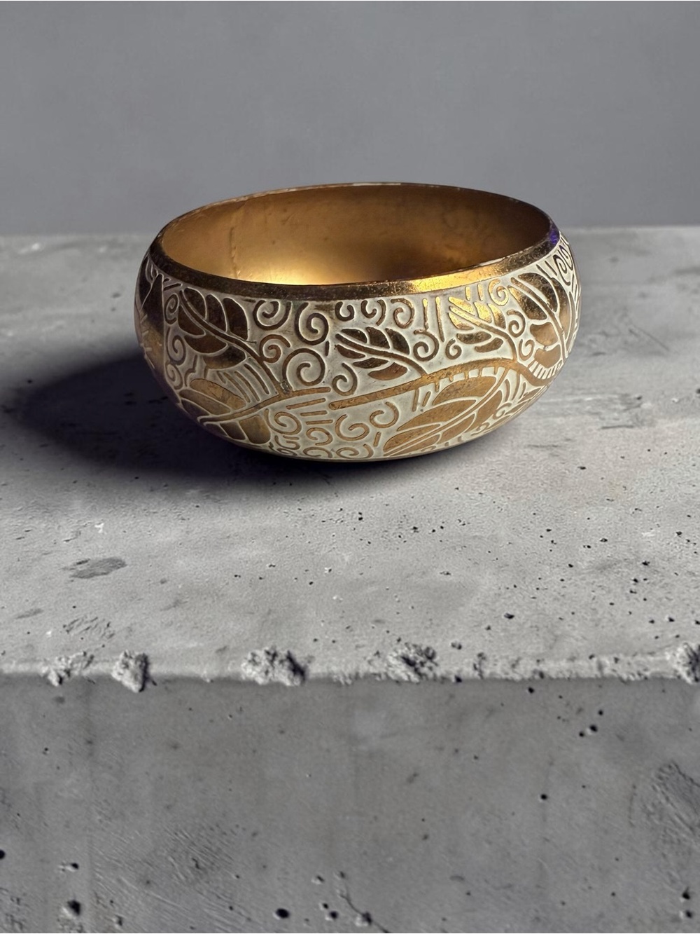 Gold-Tone Leaf Etched Wide Bangle Bracelet